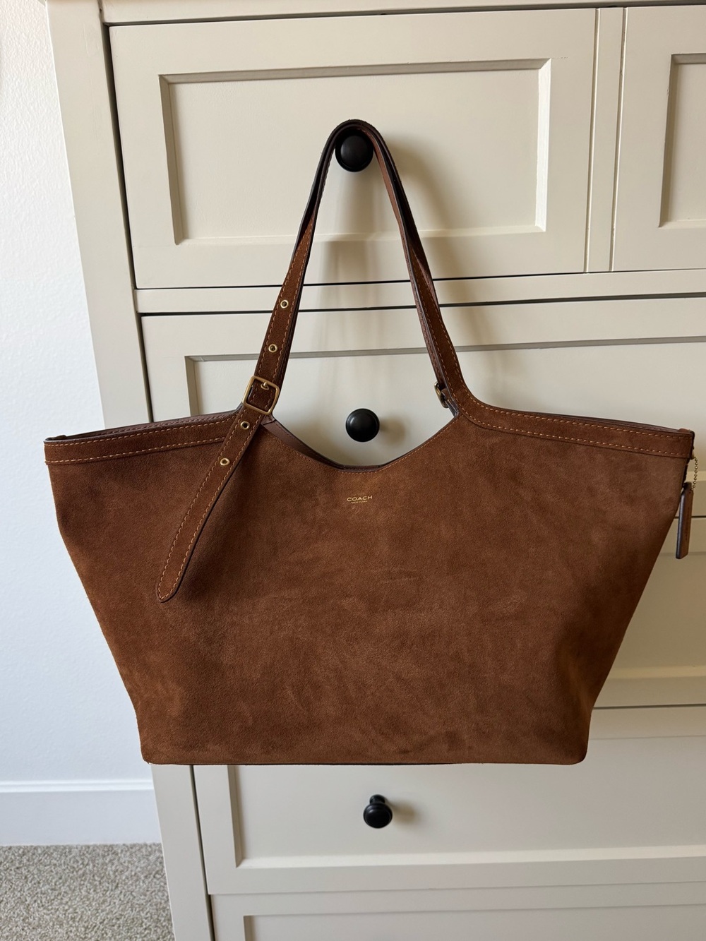 Coach Warm Brown Suede Gramercy Tote Bag with Leather Straps